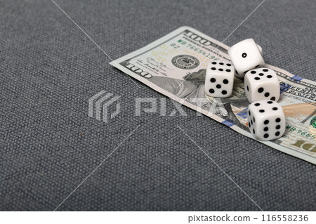 White dice with black markings. They lie on a surface covered with a coarse gray cloth. Under them lies a hundred dollar bill. White dice with black markings. They lie on a surface covered with a coarse gray cloth. Under them lies a hundred dollar bill. 116558236