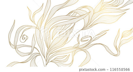 Vector line floral texture, gold leaf ornament, Japanese dynamic luxury decor element. Modern graphic botanical drawing. 116558566