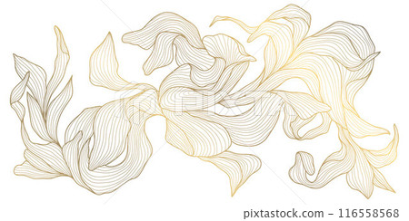 Vector line floral texture, gold leaf ornament, Japanese dynamic luxury decor element. Modern graphic botanical drawing. 116558568