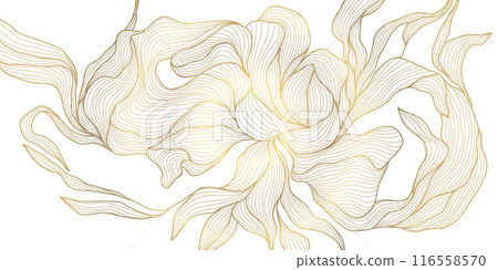 Vector line floral texture, gold leaf ornament, Japanese dynamic luxury decor element. Modern graphic botanical drawing. 116558570