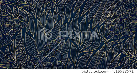 Vector gold leaf pattern, luxury art deco line design. Nature, jungle ornament, leaves texture wallpaper, fancy plant illustration 116558571