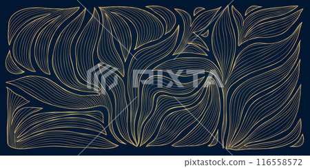 Vector gold leaf pattern, luxury art deco line design. Nature, jungle ornament, leaves texture wallpaper, fancy plant illustration 116558572