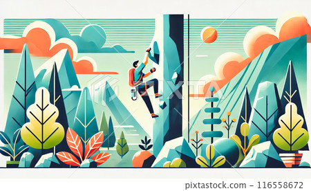 Rock climber ascending a steep cliff amidst a scenic landscape of mountains, trees, and clouds 116558672