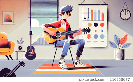 Young musician practicing guitar in a cozy and modern studio 116558677