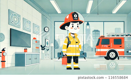 A cartoon illustration of a firefighter standing in a modern fire station, equipped with fire trucks and firefighting gear 116558684