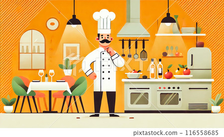 Professional chef standing in a vibrant and modern kitchen 116558685