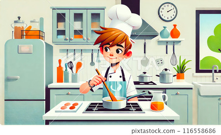 Cheerful young chef in a colorful and modern kitchen, cooking with various kitchen tools and utensils 116558686
