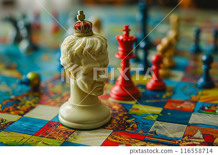 Chess pieces are symbolizing strategy, geopolitical planning, and competition, themes of leadership, decision-making, and global strategy 116558714