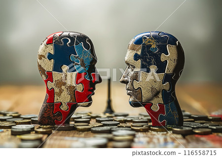 Two human heads composed of colorful jigsaw puzzle pieces facing each other 116558715