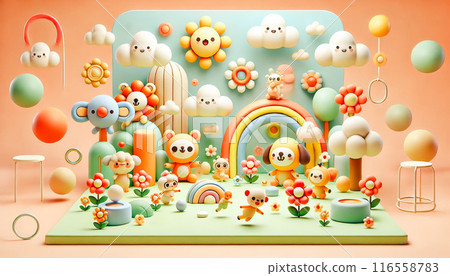 Vibrant and playful 3D illustration featuring colorful emoji characters, rainbows, stars, and other whimsical elements 116558783