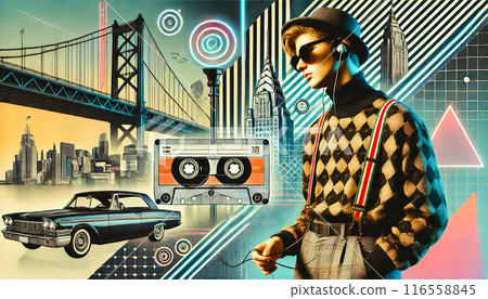 Retro 80s style with modern urban elements, featuring a vintage car, cassette tape, cityscape 116558845