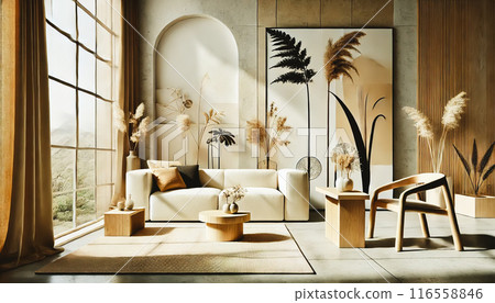 Stylish and modern living room interior featuring neutral tones, natural light, and elegant decor 116558846