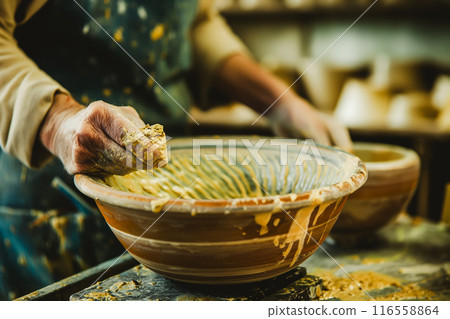 Hands shaping a ceramic bowl in a pottery studio, capturing the intricate process of handmade pottery creation 116558864