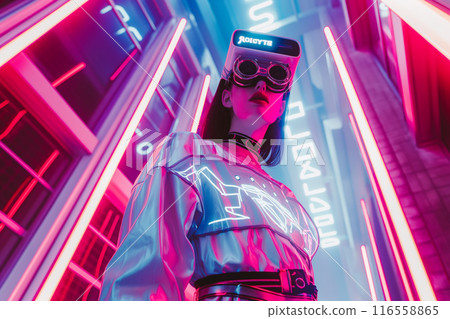 Woman wearing a sleek virtual reality headset, surrounded by neon red and blue lights 116558865