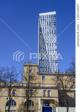 21st century skyscraper and mid-20th century architecture building in Moscow, Russia 116558997