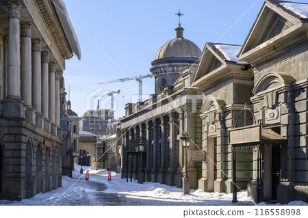 Life-size scenery of buildings depicting a 19th-century Moscow street. The inscription on the sign 116558998