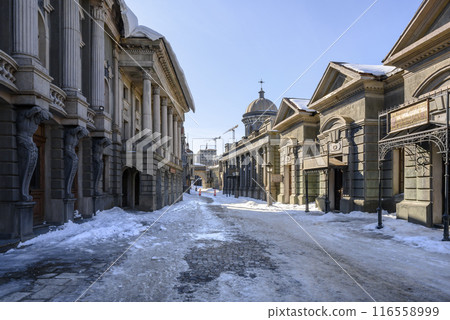 Life-size decorations of buildings depicting 19 century Moscow street. The inscription on the sign Life-size decorations of buildings depicting 19 century Moscow street. The inscription on the sign 116558999