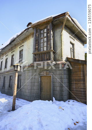 Decorations of a wooden building in Moscow, 19th century Russia at a film studio Decorations of a wooden building in Moscow, 19th century Russia at a film studio 116559075
