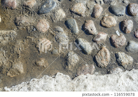 Cobblestones on an old paved street in puddles of water from melting snow, a close-up view Cobblestones on an old paved street in puddles of water from melting snow, a close-up view 116559078