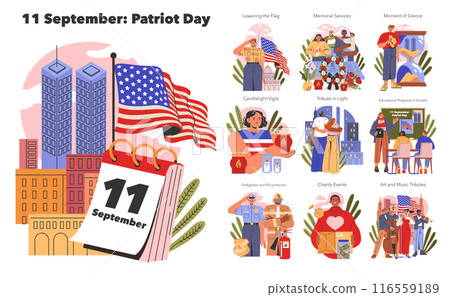 Patriot Day set. Remembrance activities and tributes for 9 11. Commemorating with flags, services, and educational programs. Vector illustration. 116559189
