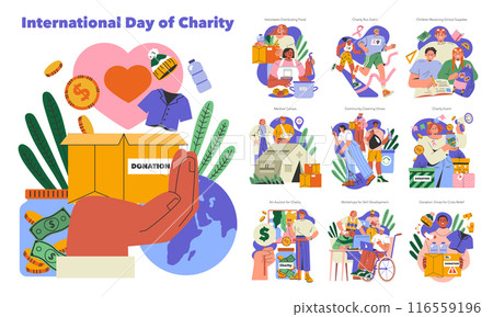 International Day of Charity set. Compassionate acts and fundraising events. Global generosity through donations, medical aid, and community service. Vector illustration. 116559196