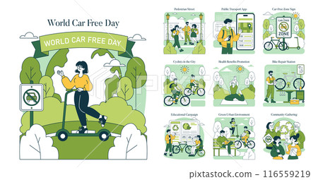 World Car Free Day concept set illustrating eco-friendly transportation options and urban lifestyle changes. Promotes walking, cycling, and public transit. Vector illustration. 116559219