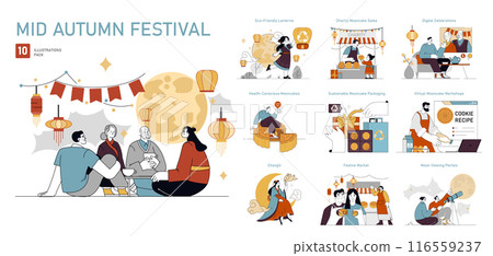 Mid Autumn Festival set. Celebrations, traditional customs, and modern practices. Family gatherings, mooncakes, and charity events. Vector illustration. 116559237