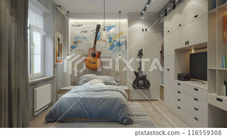 AI-generated item. Modern bedroom interior design with a guitar. AI-generated item. Modern bedroom interior design with a guitar. 116559308