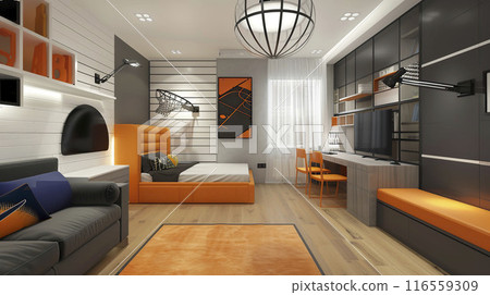 AI-generated item. Modern teeneger room with orange and black furniture in basketball style. 116559309