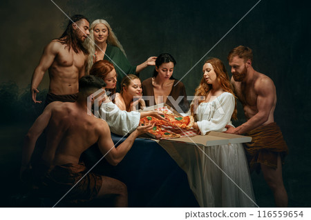 Group of people in classical attire gather around large pizza, sharing and enjoying slices. Reminiscent of Renaissance painting. 116559654
