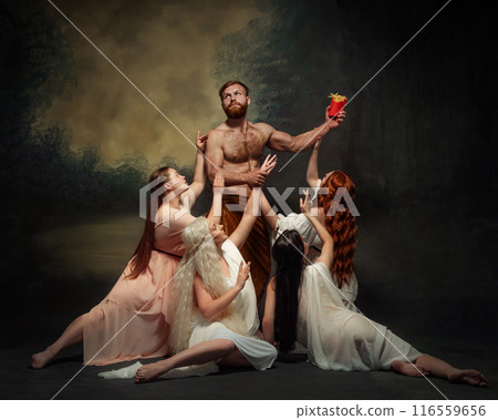 Muscular man stands triumphant with French fries held aloft, as beautiful women in ethereal classical gowns reach towards him. 116559656