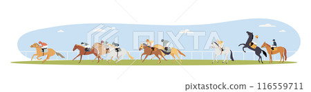 Galloping race horses in racing competition 116559711