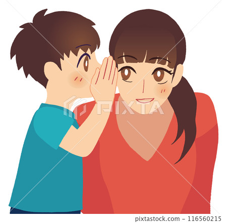 Illustration of a child whispering to his mother 116560215