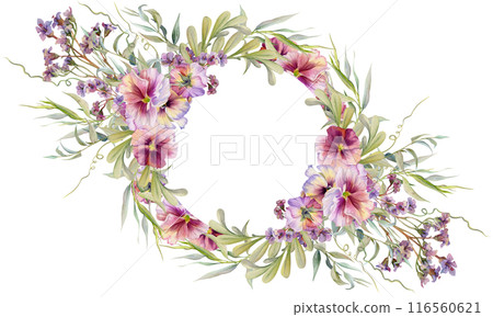 Hand drawn watercolor illustration botanical flowers leaves. Mauve pansy viola, locust indigo branch, willow eucalyptus, bergenia heliotrope lungwort, tendrils. Wreath isolated white. Wedding, cards Hand drawn watercolor illustration botanical flowers leaves. Mauve pansy viola, locust indigo branch, willow eucalyptus, bergenia heliotrope lungwort, tendrils. Wreath isolated white. Wedding, cards 116560621