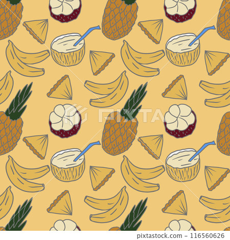 Vector seamless tropical fruits pattern. Hand drawn fresh juicy tropical fruits background. 116560626