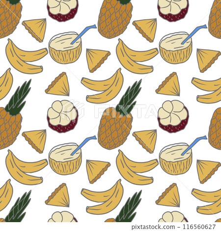 Vector seamless tropical fruits pattern. Hand drawn fresh juicy tropical fruits background. Vector seamless tropical fruits pattern. Hand drawn fresh juicy tropical fruits background. 116560627