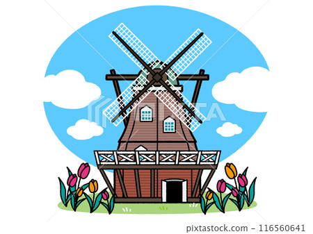 Illustration of the windmill and tulips at Funabashi Andersen Park in Funabashi, Chiba Prefecture 116560641