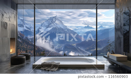 Modern luxury bathroom with a scenic mountain view Modern luxury bathroom with a scenic mountain view 116560903