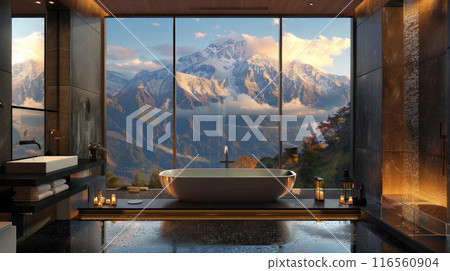 Modern luxury bathroom with a scenic mountain view Modern luxury bathroom with a scenic mountain view 116560904