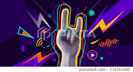 Music collage banner vector illustration. Halftone effect hand with gesture rock, color sound sign elements. Two fingers up, cool retro techno poster. Visual audio abstract concept on dark background 116561080