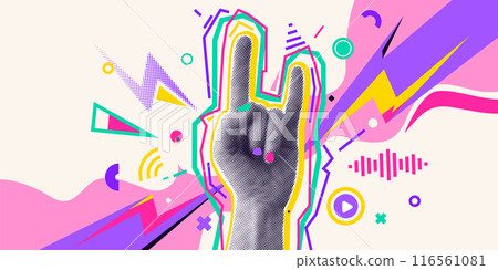 Music collage banner vector illustration. Halftone effect hand with gesture rock, color sound sign elements. Two fingers up, cool retro techno poster. Visual audio abstract concept on light background 116561081