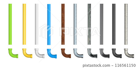 Set of multi color or shades of metal pipes and joints isolated 116561150