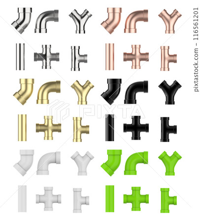 Set of multi color or shades of metal pipes joints isolated 116561201