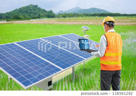 Smart farm system with engineer control solar panels station on field Smart farm system with engineer control solar panels station on field 116561292