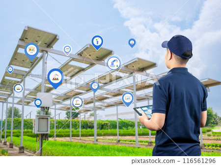 Smart farm system with engineer control solar panels station on field Smart farm system with engineer control solar panels station on field 116561296