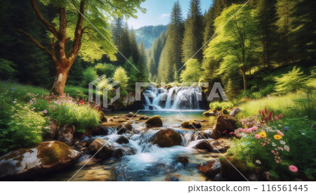 A waterfall in the peaceful creak in the spring forest 116561445