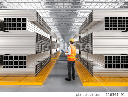 Asian engineer or technician work in steel factory with stack of pipes Asian engineer or technician work in steel factory with stack of pipes 116561491
