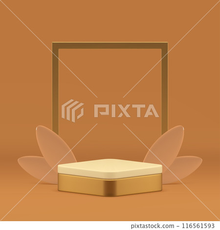 3d golden rhombus podium with leaves and frame beige showcase realistic vector illustration 116561593