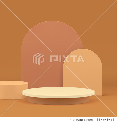 3d beige cylinder podium with semi circle wall background for show realistic vector illustration 116561651