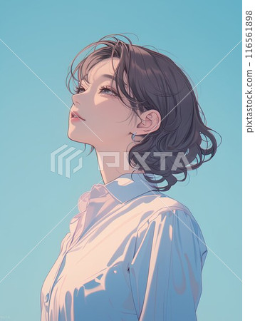 Profile of a high school girl and a blue summer sky: AI-generated image Profile of a high school girl and a blue summer sky: AI-generated image 116561898